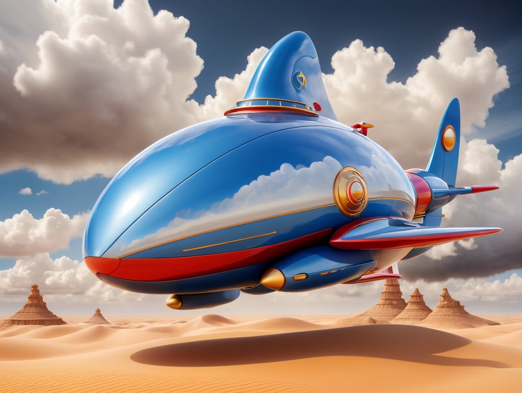 Isometric shiny spaceship is flying through stormy clouds over sand desert