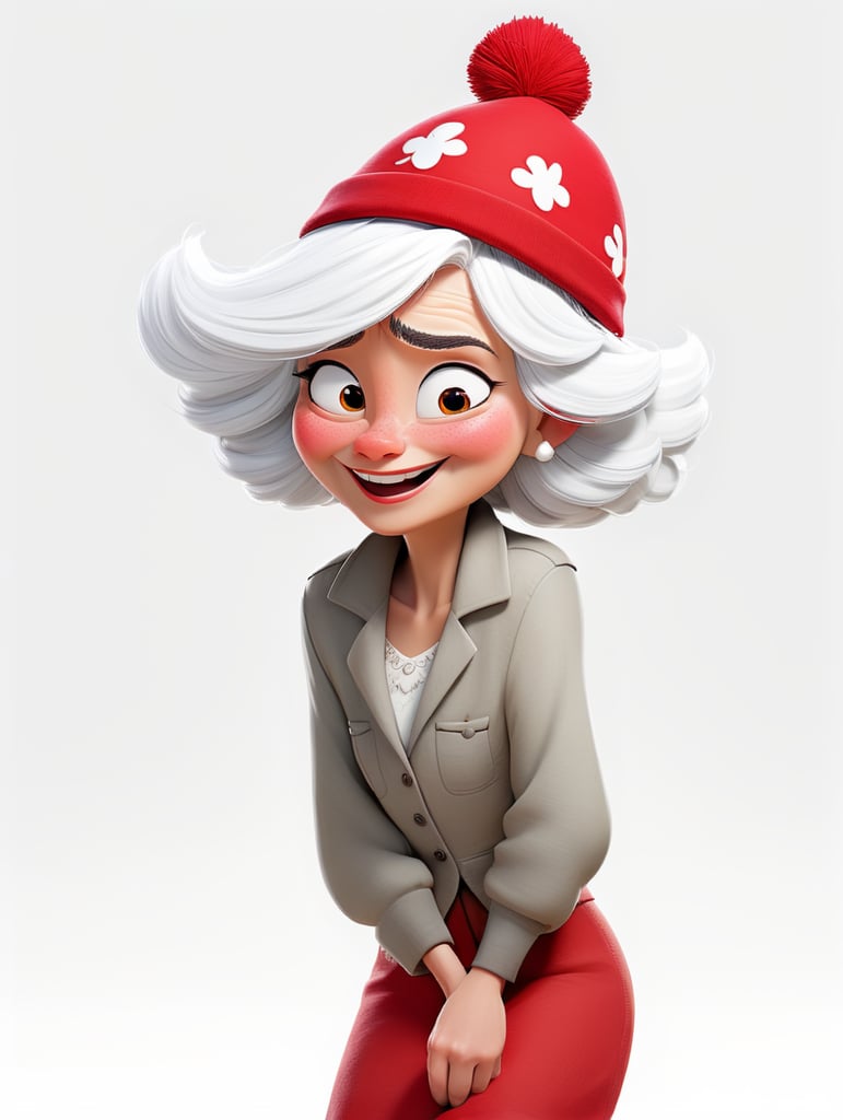 a happy young women with white hair and red hat on his head is wearing a white lacket, isolated, white background