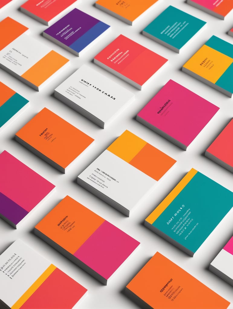 Minimalist matte white business cards on a vibrantly colored design inspired by Luis Barragan, mockup