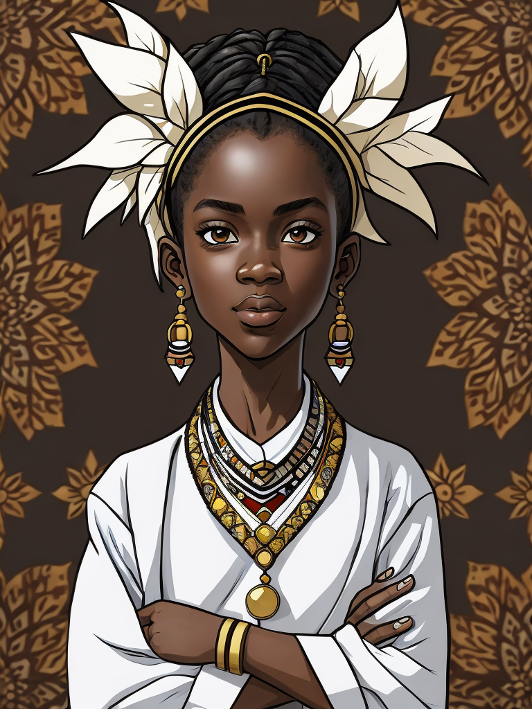 Create a manga drawing of a young African character wearing modernized traditional clothing, standing confidently with arms crossed.