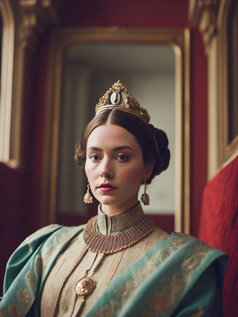 Queen Victoria, directed by wes anderson, wes anderson style, quirky, Vivid saturated colors, Contrast color, studio photo, professional photo, Rich colors, Detailed image, detailed face