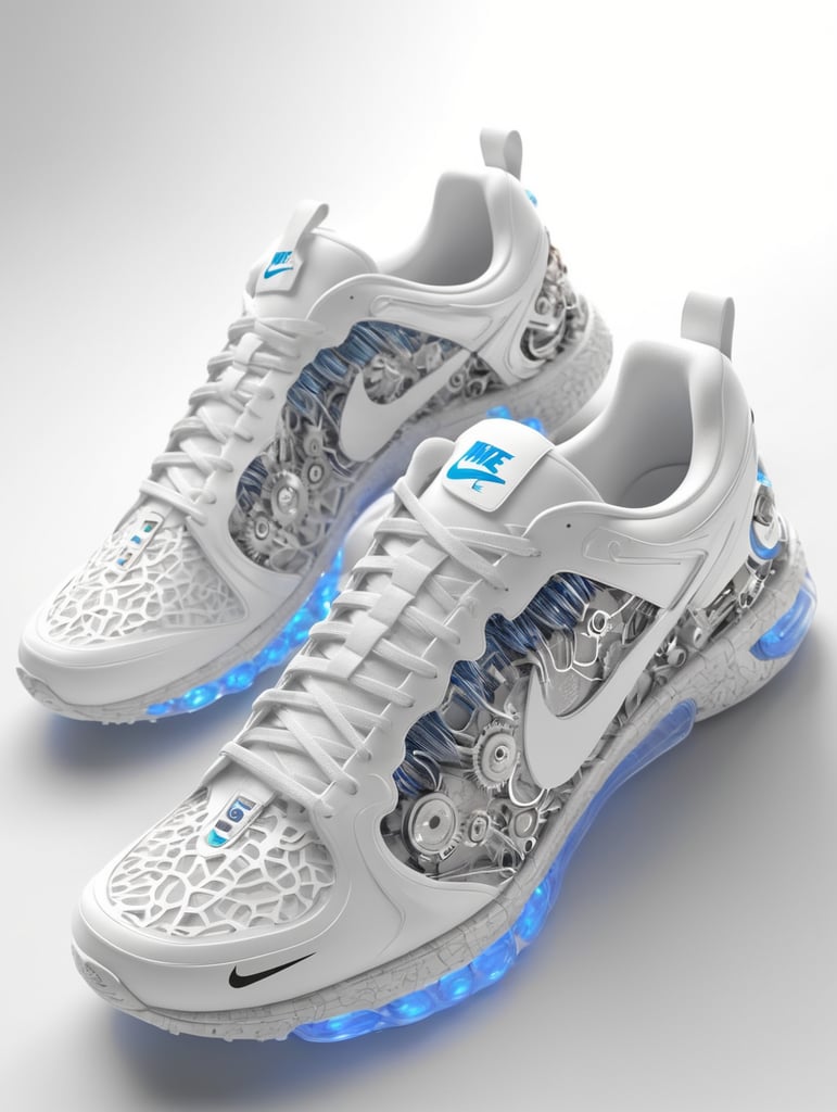 Nike sneakers made out gears, wires, mechanical, electronics, pcb, hyper-realis, futurist, stunning unreal engine render, product photography 8k, hyper-realistic. surrealism