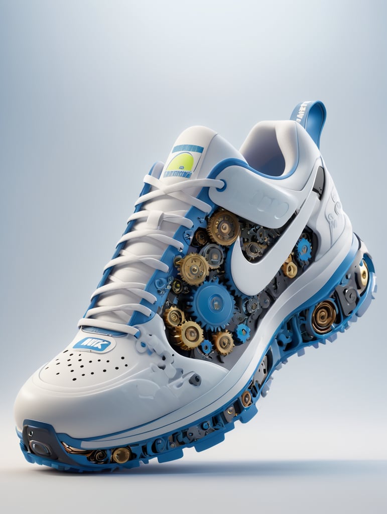 Nike sneakers made out gears, wires, mechanical, electronics, pcb, hyper-realis, futurist, stunning unreal engine render, product photography 8k, hyper-realistic. surrealism