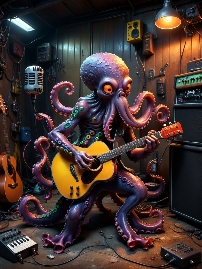 Polvo colorido tocando guitarra com microfone pedaleira em uma garagem velha estilo Disney pixar