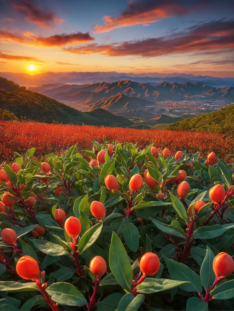 Pigeon Peas, unsharp background with sunset vibrant colors nature art scenic horizon mountain range skyline views artistic beauty colorful scenery nature photography sunset inspiration. (((pigon pea or tuvar beans vegetable on plant)))