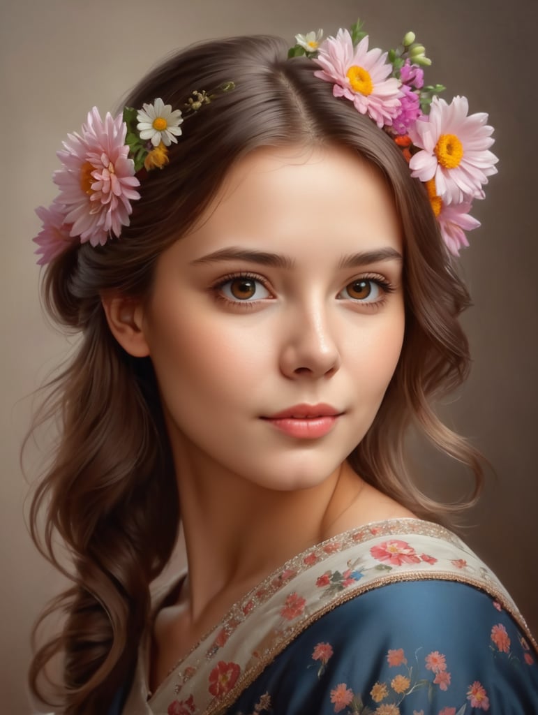 portrait of a cute european girl with flowers, spot brown background, flowers flash at the back, many flowers, art by Mikhail Boyarsky