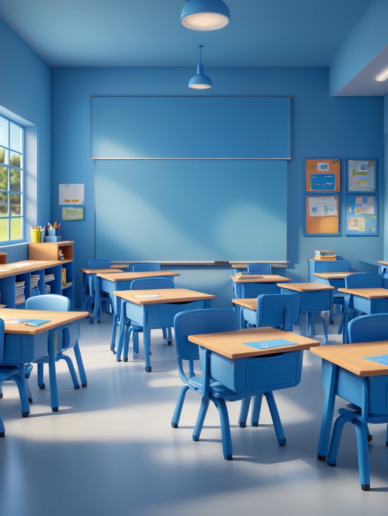 Sala de aula, com carteiras ao lado, em tom de azul