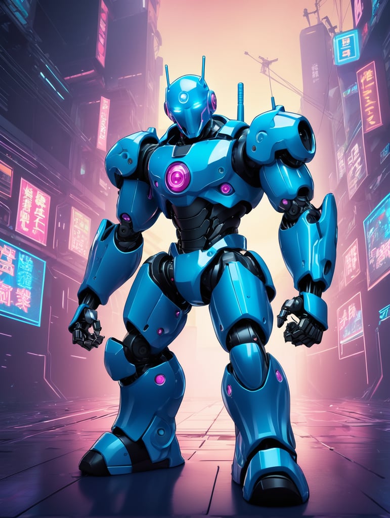 Isometric cyberpunk fighting robot, manga style,