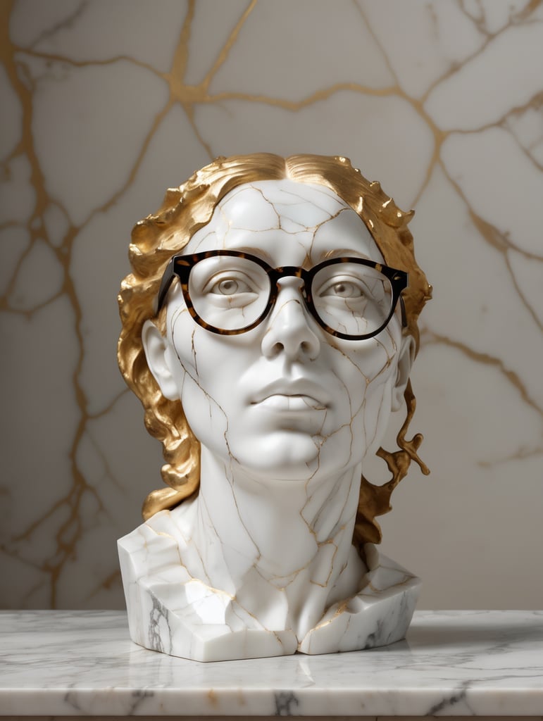 cracked marble sculpture of womans head with glasses, use face from uploaded photo, sculpture on the table, cracked white marble with gold and dark gold, studio lighting, professional photo, soft background, art classical reference