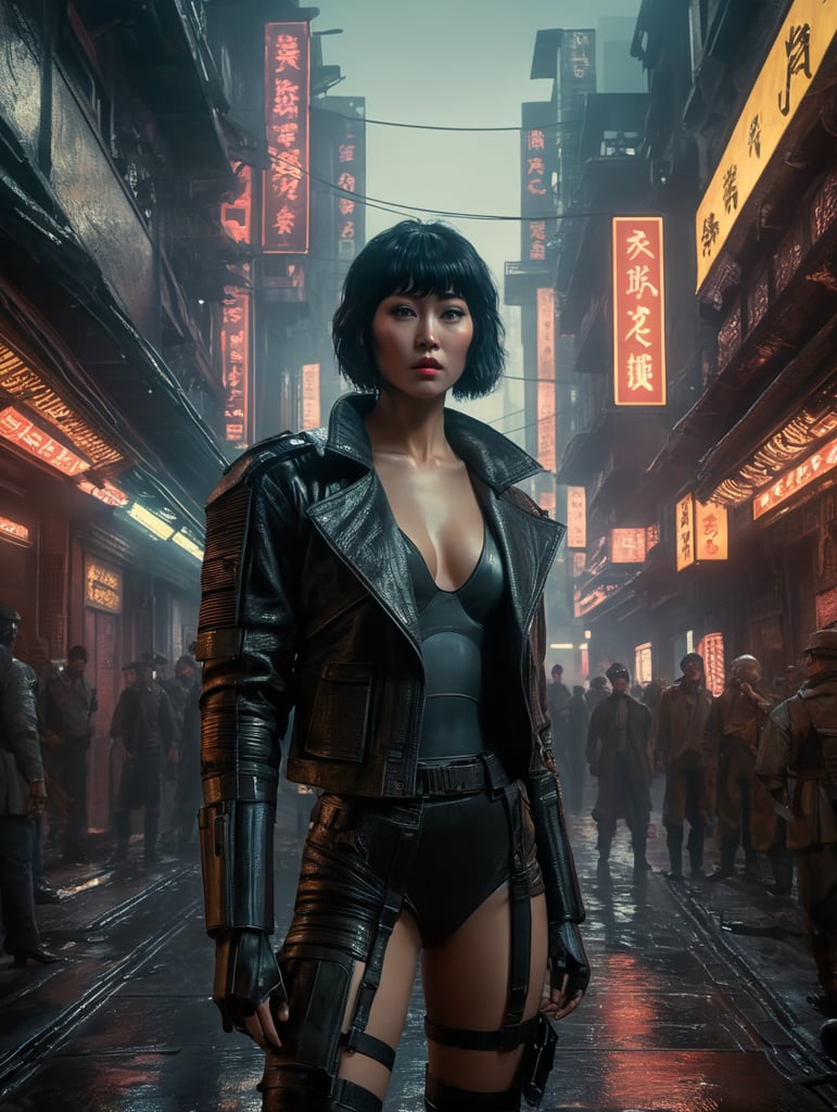 Motoko kusanagi in blade runner 1982, neo noir, cyberpunk, cinema still medium shot 8k