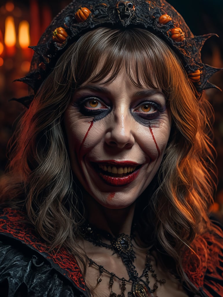 Jane Birkin as a creepy evil character in spooky Halloween costume, Vivid saturated colors, Contrast color