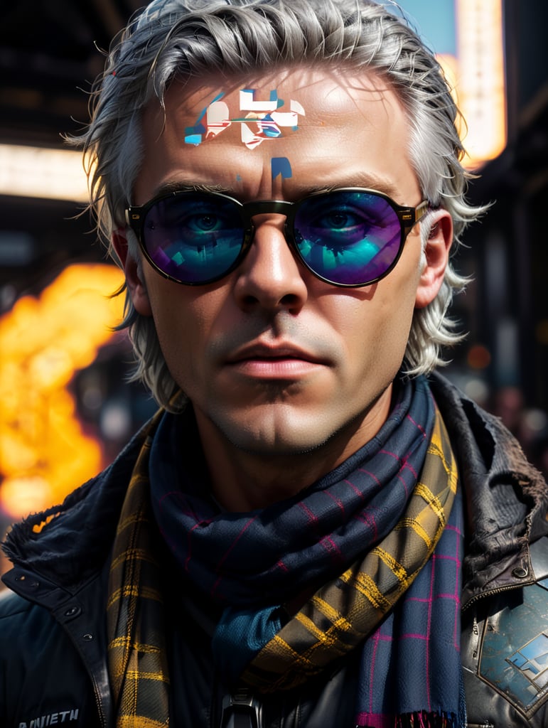 Portrait of halo, sunglasses, blue eyes, tartan scarf, white hair by atey ghailan, by greg rutkowski, by greg tocchini, by james gilleard, by joe fenton, by kaethe butcher, gradient yellow, black, brown and magenta color scheme, grunge aesthetic!!! graffiti tag wall background