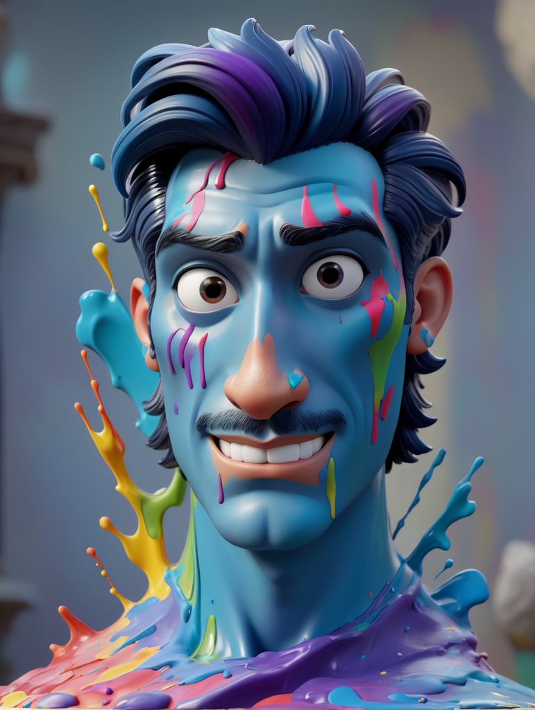 greek male bust with colorful paint, melted, the paint is flowing, aesthetic background