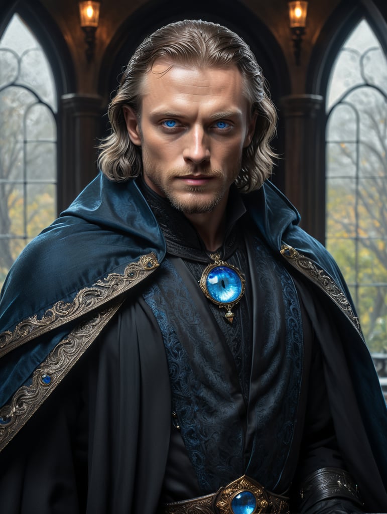 handsome brooding blue eye man standing in front of glass window wearing black cloak