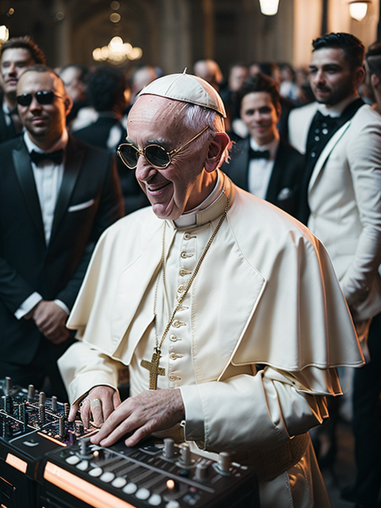 pope playing dj set, white leather jacket and gold chain, hall full of people having fun in the background, ultra realism, super detailed