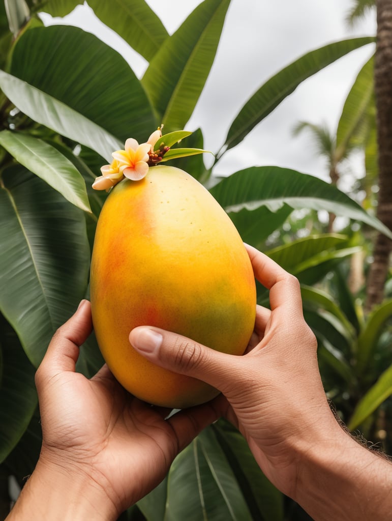 a hand holds a mango with a tropical flowers