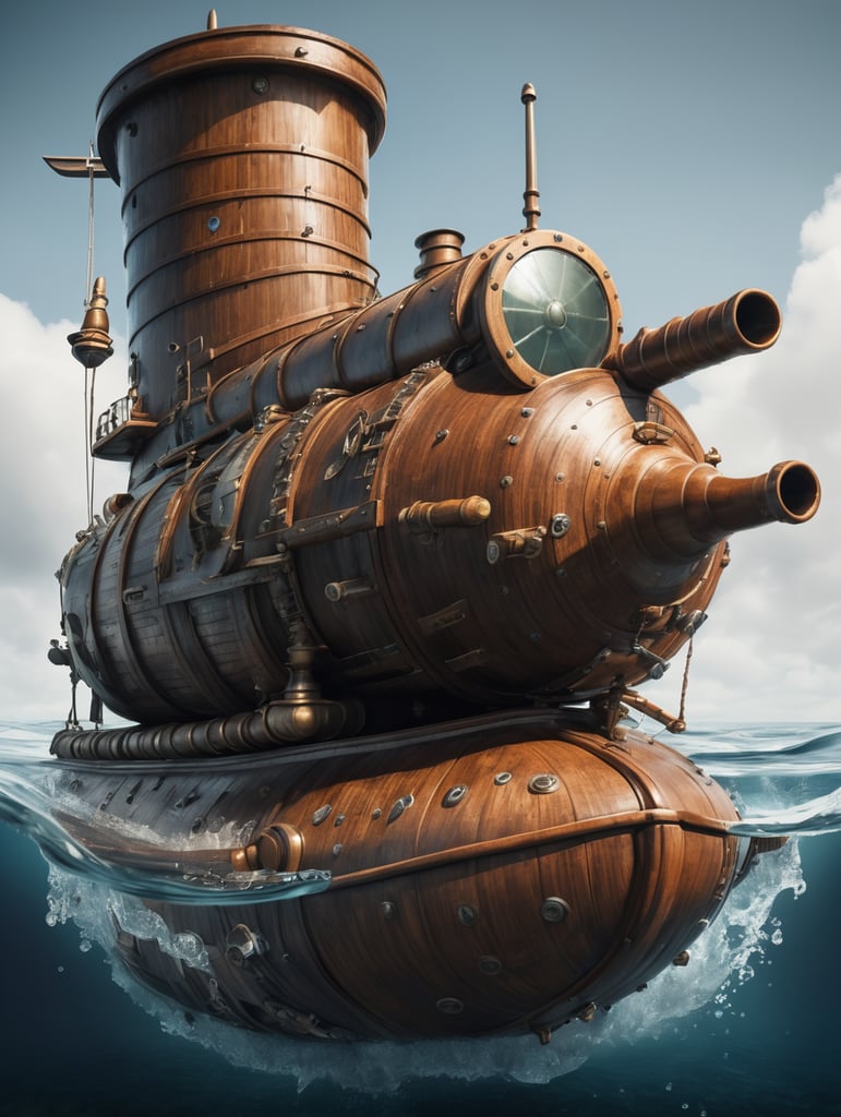 A giant's boot modified into a wooden submarine boot with a propeller on the back of the heel, a periscope, water tight, portholes. Epic composition. Highly detailed.