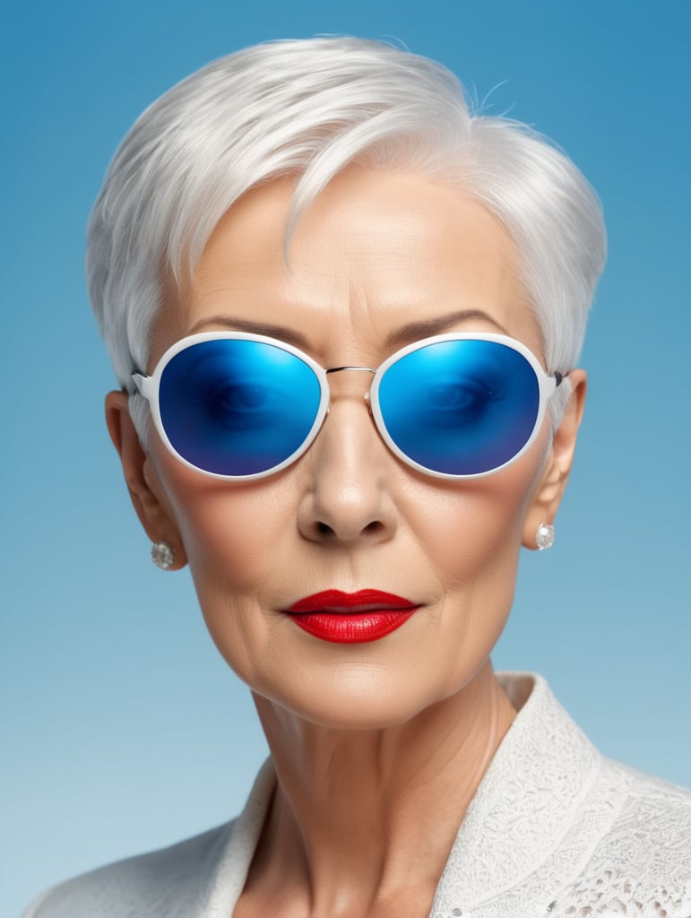 A portrait of a beautiful English older woman with white platinum short hair and big sunglasses, dressed all red, blue background, big cleavage, glamorous London portrait, highly realistic, women designer, very fashionable, colourful