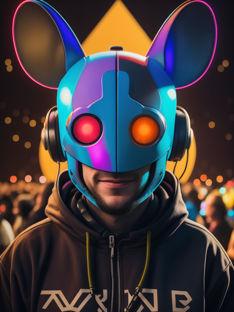Portrait of Deadmau5 dj, hall full of people having fun in the background, ultra realism, super detailed, neon colors