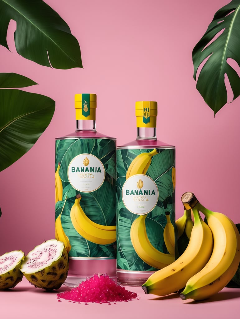 Packaging and branding for a banana vodka brand as if it had been designed by HI ESTUDIO with In a set design with banana, dragon fruit and dry banana leaves.