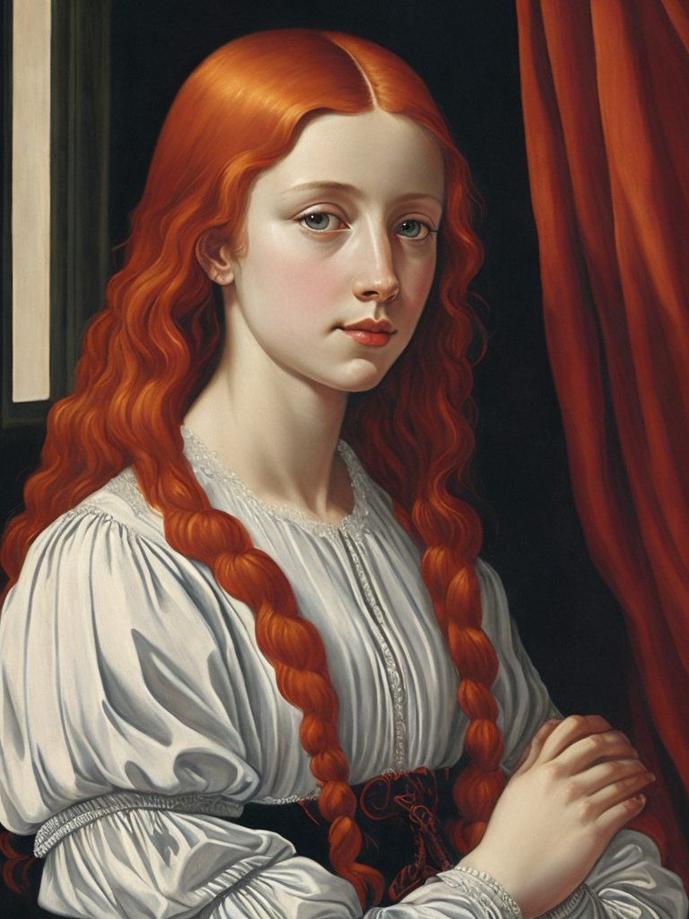 Portrait of a red-haired young girl in front of a window, vintage dress, 15th century, painting, oil, Italy, style of Sandro Botticelli, illustration,