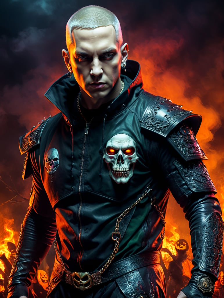 Eminem rapper as an evil character wearing spooky Halloween costume, Vivid saturated colors, Contrast color