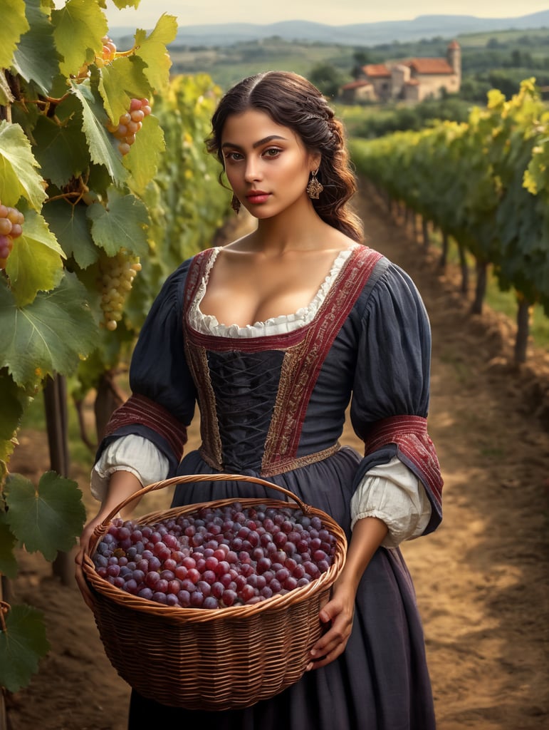 Portrait of a young, dark and beautiful Italian girl growing red grapes from Sicily in 17th century Italian folk peasant clothing with low cut and full breasts, dramatic lighting, depth of field, Vineyards with clearly and regularly defined shapes in the background. The grapes should have a beautiful, even structure. Incredibly high detail, holding a basket of grapes in your hands, a wicker basket with the correct texture, grapes in a basket of the correct texture with beautiful berries.