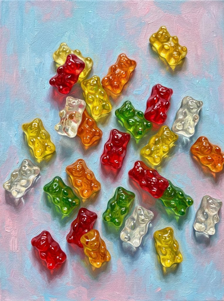 scattered translucent gummy bears in red yellow orange green and clear, vibrant glossy gelatin texture, bright specular highlights, colorful cast shadows, mottled pastel blue and pink background, realistic oil painting on canvas