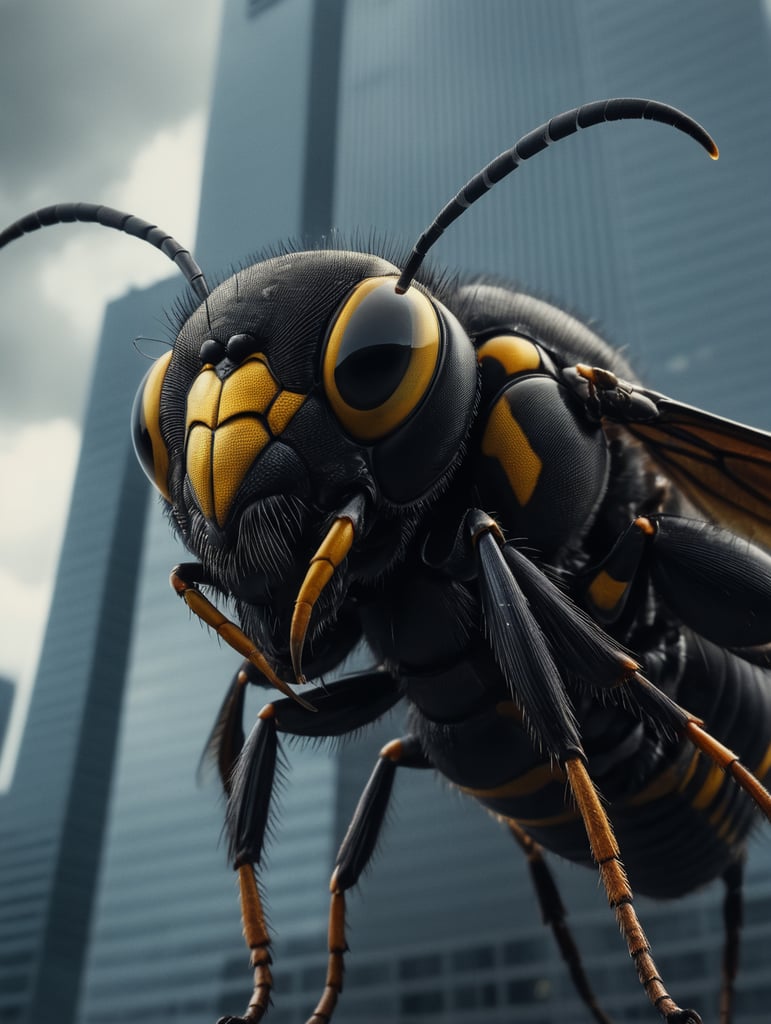gigantic wasp climbs up on skyscraper