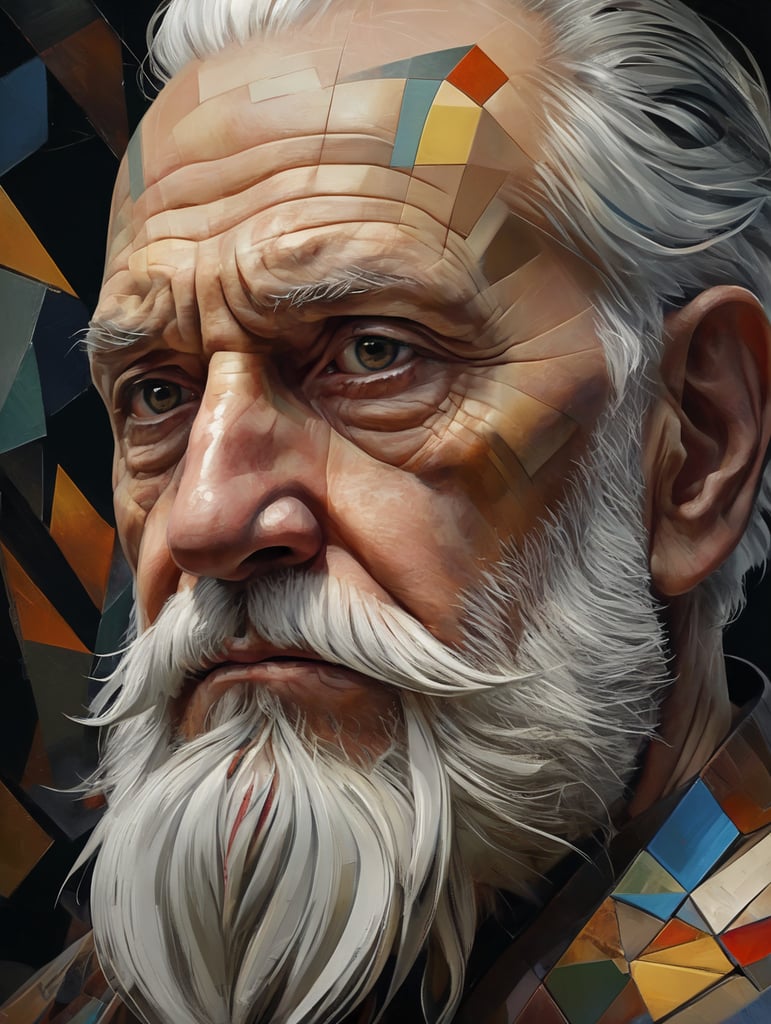 A fragmented portrayal of a melancholic cubist perspective breaks down features into geometric shapes, capturing his long white beard and weary facial expression with depth and abstraction.