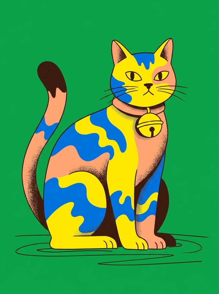A stylized, graphic illustration of a cat adorned with bold wave patterns and a bright bell collar, centered against a solid, vibrant Kelly green background. The feline is rendered in a contemporary editorial art style characterized by flat color blocking, exaggerated proportions, and a high-contrast palette of bright yellow, primary blue, peach, and deep brown. Distinct, undulating wave shapes span the cat's body, contrasting sharply against its base colors. A simple, oversized bell collar encircles its neck. The artwork combines crisp, clean edges for the main shapes with localized, coarse stippled grain applied selectively to create minimal, risograph-style textured shading. Sparse, loose dark hand-drawn outlines define a grounded surface below the subject, emphasizing the flat, pop-infused visual aesthetic.