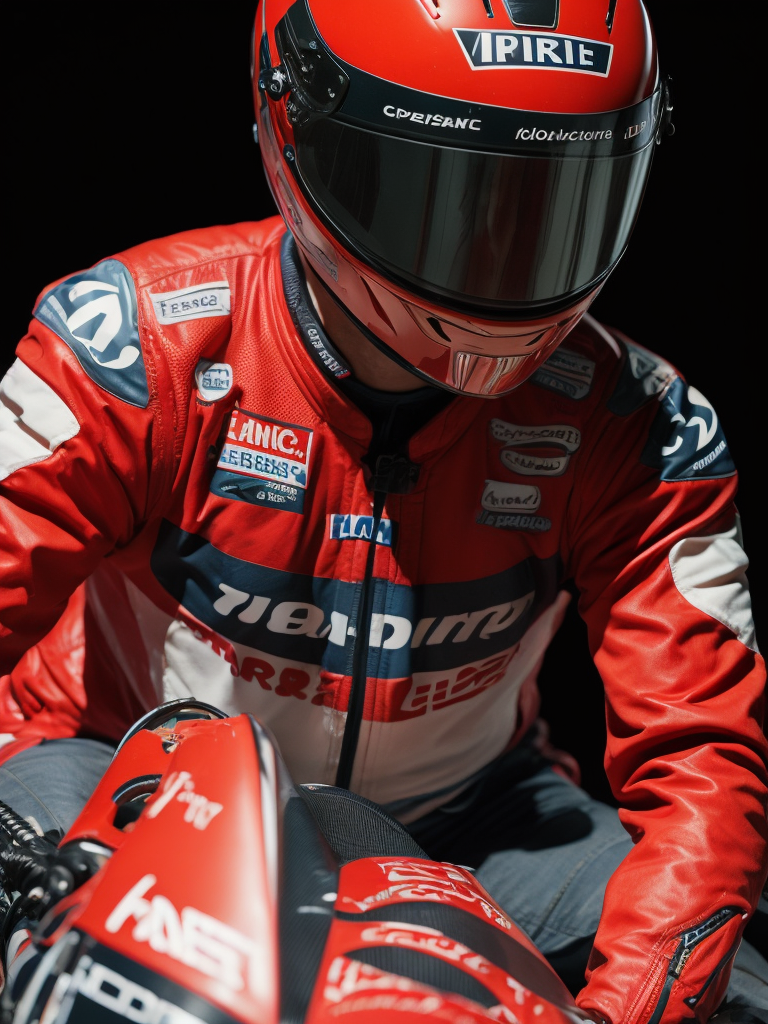 portrait of motogp racer on a bike, red colors, on the background of the race track