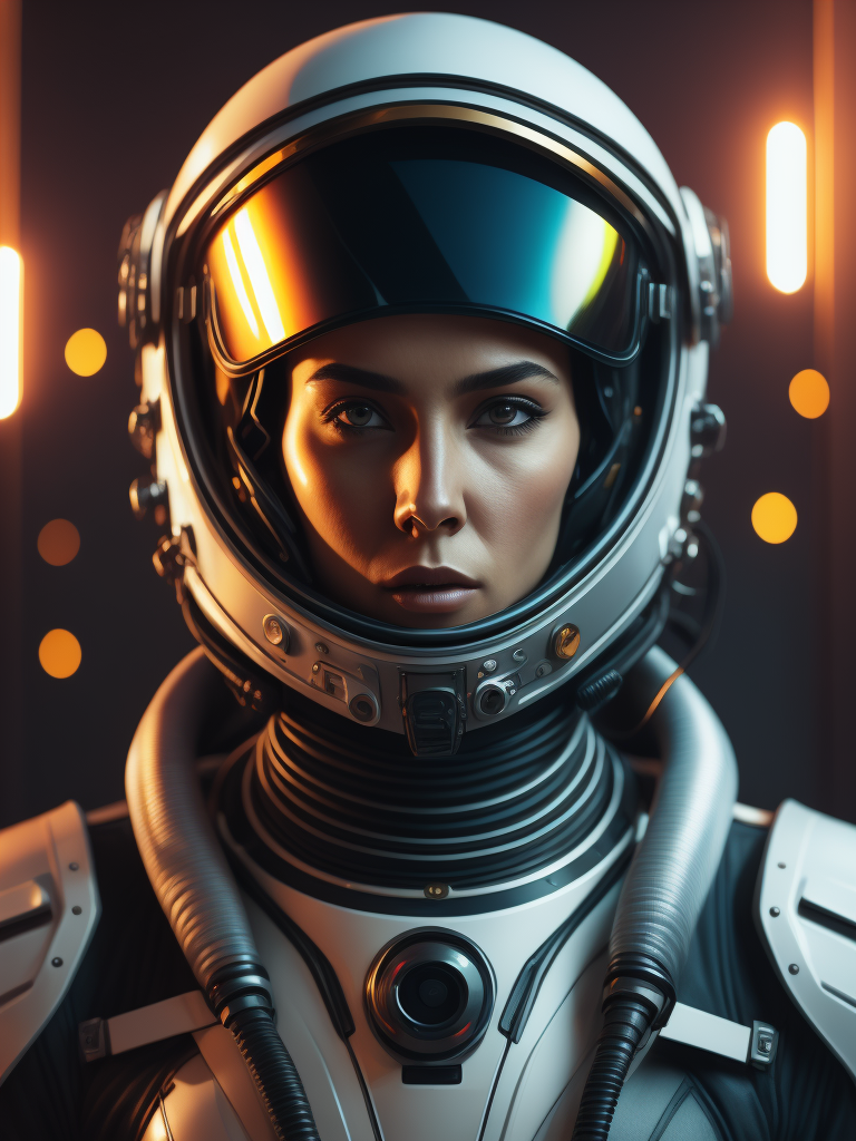 portrait of a woman wearing a futuristic space suit and helmet, hyper realist, incredibly high detail, saturated colors, blurred background, vogue, dramatic lighting