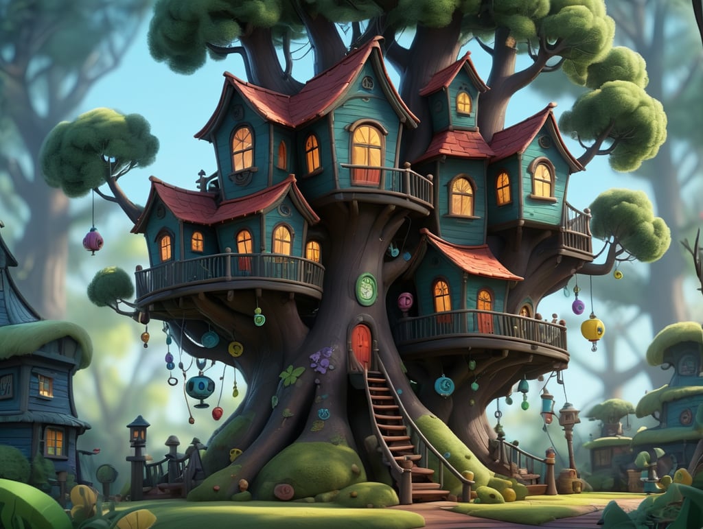 An elaborate, whimsical, treehouse in the style of Tim Burton on a bright sunny day. The tree's leaves are a base hex color of #88e00a the tree trunk is hex color of #683519. The wood of the house is painted hex color #fffc4d.