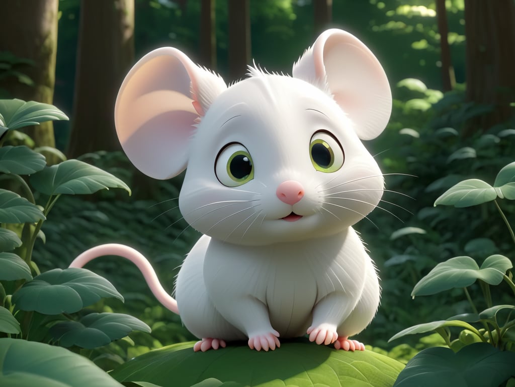 cute white mouse backwards looking to the deep of a green forest thick leaves lush trees nature scenery landscape.