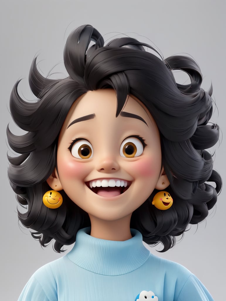 Extreme happiness, laughter emoji as a human, isolated, grey background, black hair