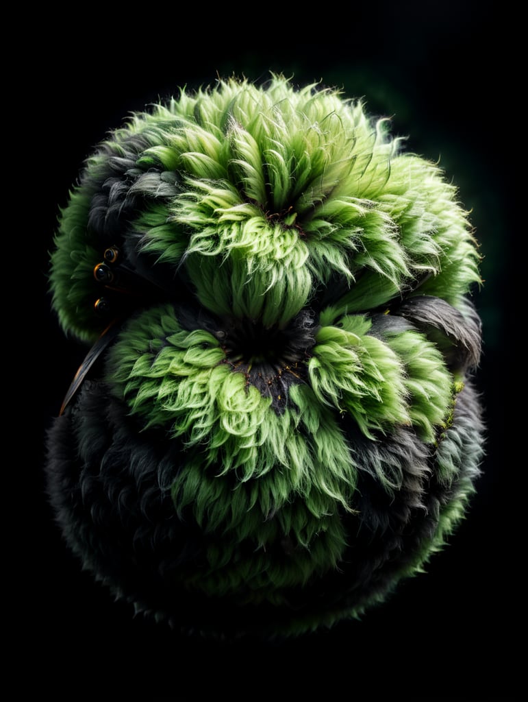 green fluffy ball, isolated, black background