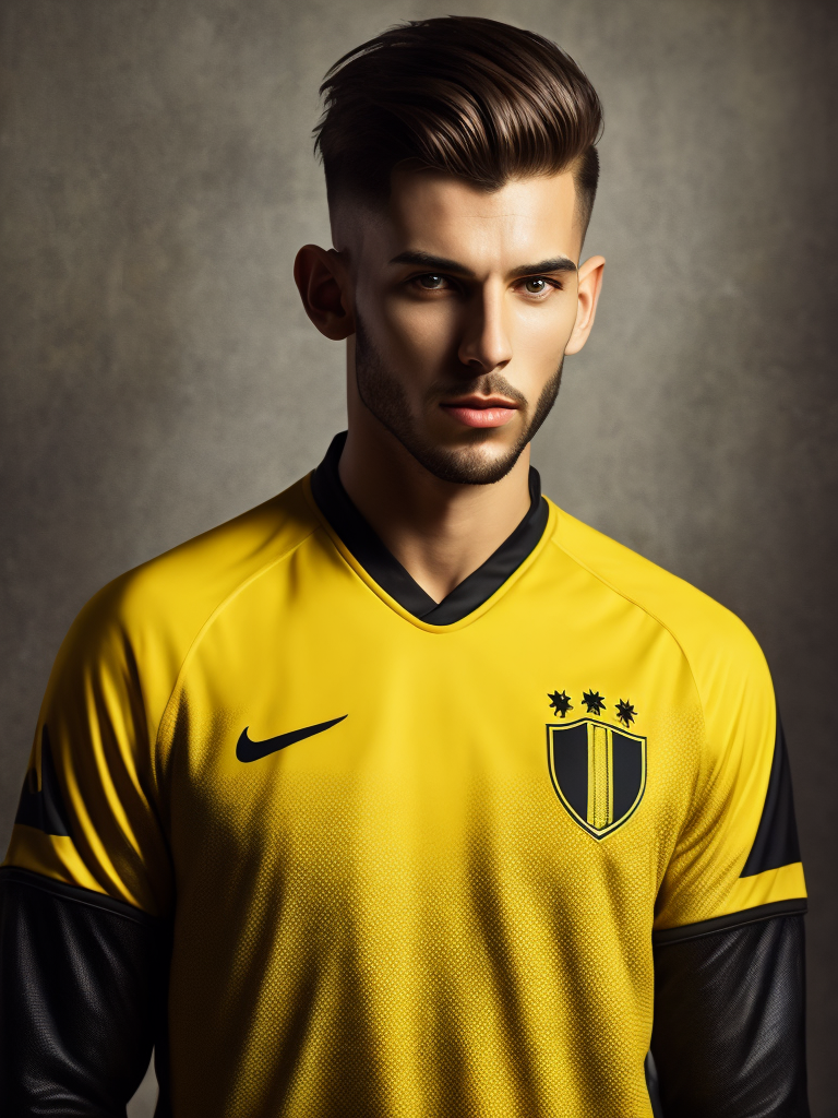 Portrait of soccer english player 1900, yellow and black shirt, fashion magazine illustration, sharp focus, Dramatic Lighting, Depth of field, blurred background