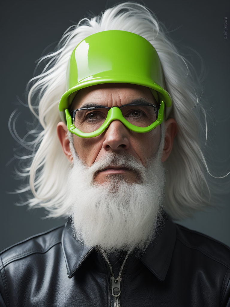 a gnome from fairytale supermodel 76 years old wearing a neon green helmet dressed in athletic clothing and glasses, in the style of futuristic glam, retro futurism, neon green clothing, glasses without color, clear glass, long white hair, teal background, mike campau, anton fadeev, high gloss, mono-ha