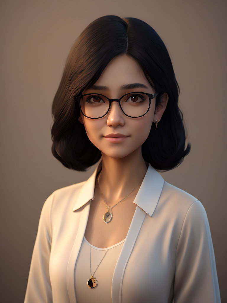 Girl, black hair, Brown eyes, glasses and necklace, Full body, standing centered, Pixar style, 3d style, disney style, 8k, Beautiful, Pixar style girl with black hair brown eyes glasses and necklace