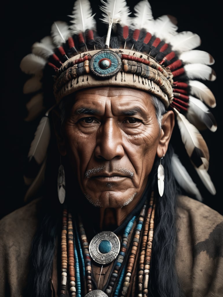 portrait, old western Native American Shaman, national clothing, dark scene, dark atmosphere, epic shot, sharp on details