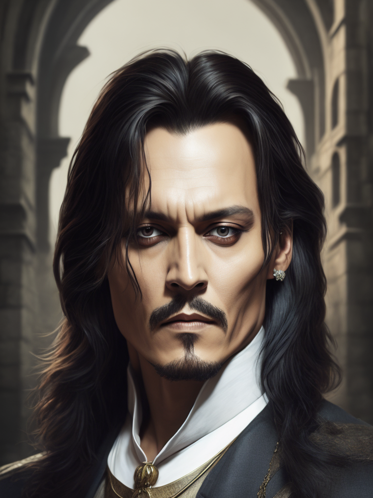 Portrait of Johnny Depp as Count Dracula, majestic look, long hair, mantle, against the backdrop of a medieval castle, detailed background, contrasting light, detailed face, muted tones