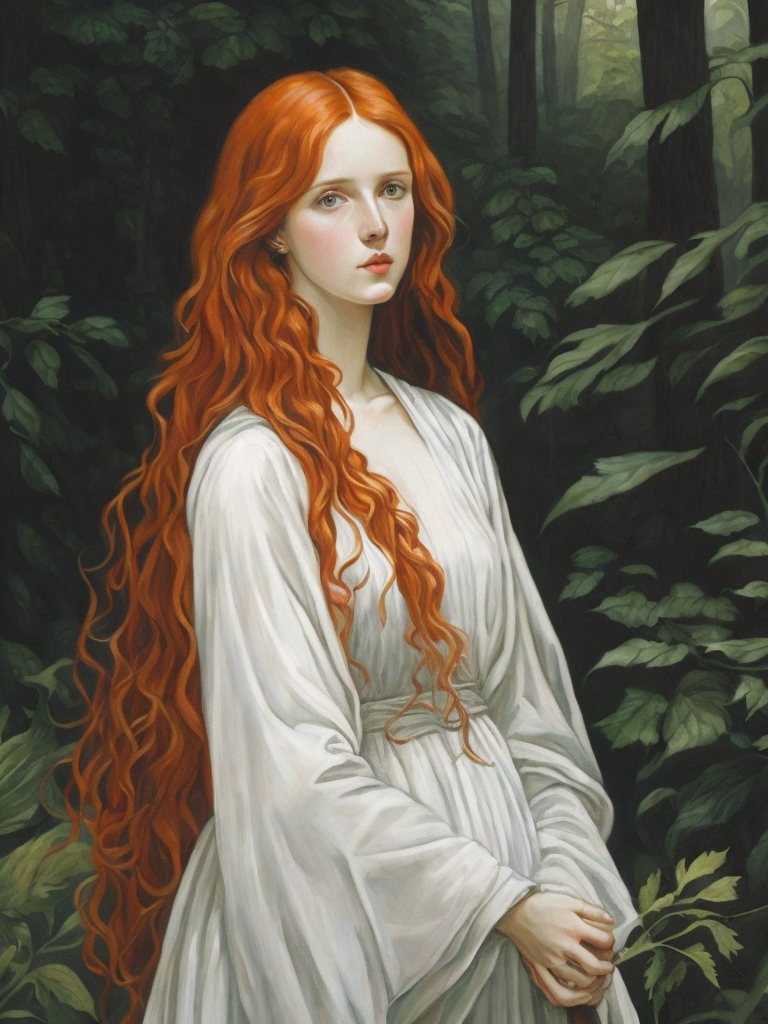 A red-haired young beautiful girl with long hair and a light dress against the backdrop of a dense forest, painting, oil, water color, Gouache, Stained Glass, style of Edward Burne-Jones