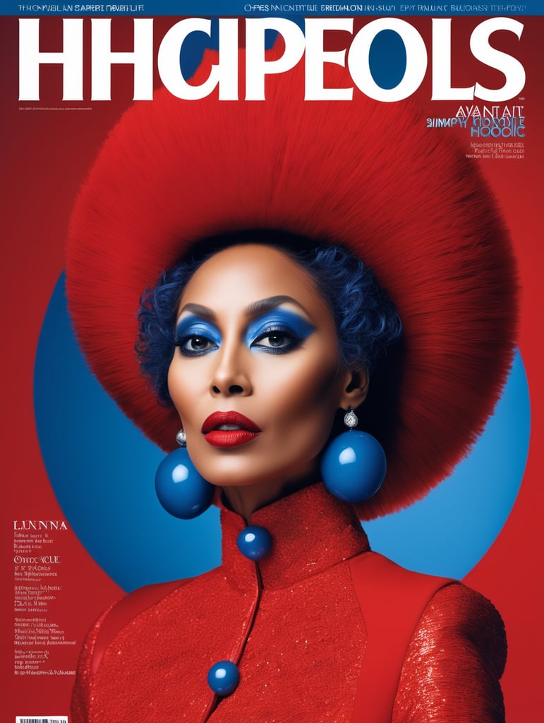 Donyale luna, avant-garde, simplygo, photoshoot spread, dressed in all red, blue background, harpers bizarre, cover, headshot, hyper realistic