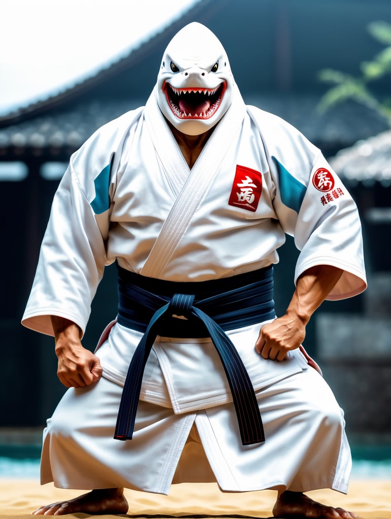 humanoid shark in judo kimono stay in action pose and angry face