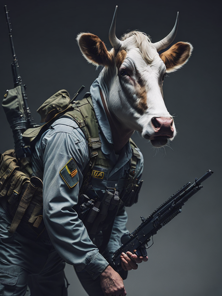 A cow in a us military uniform with an m16 in his hand is fighting