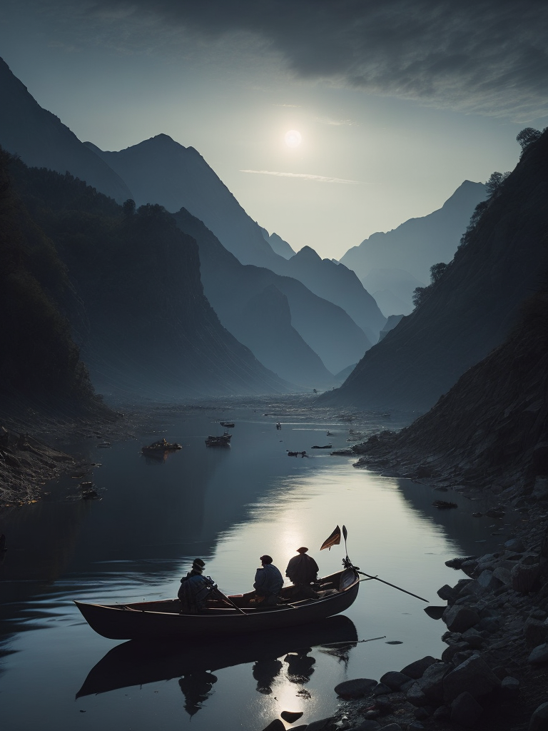 A beautiful river on the moon at dusk. the river is flowing across the moon mountain and a boatman is rowing a boat on the river. the earth is visible in the sky. hyper realistic, real, detailed, exact descriptions.