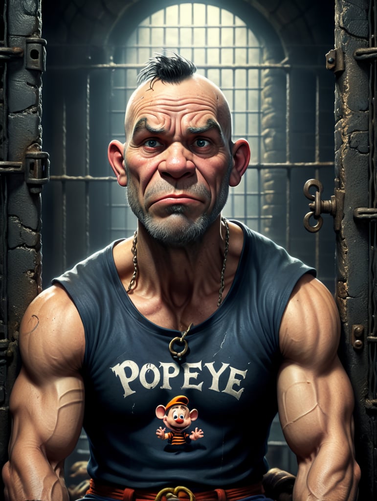 Sad man in jail,with Popeye shirt, Disney Pixar style