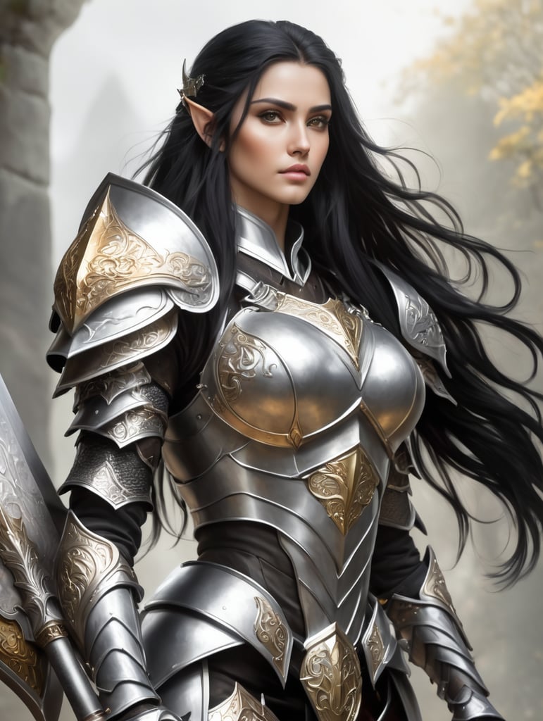 A beautiful Elf paladin with hazel eyes and long black hair, carrying her great axe in her silver and gold armor