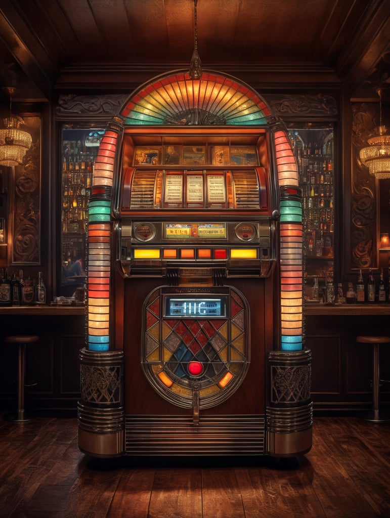 Retro jukebox in a bar, sharp focus, highly detailed,